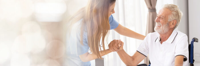 Web banner Man being cared for by a private Asian nurse at home